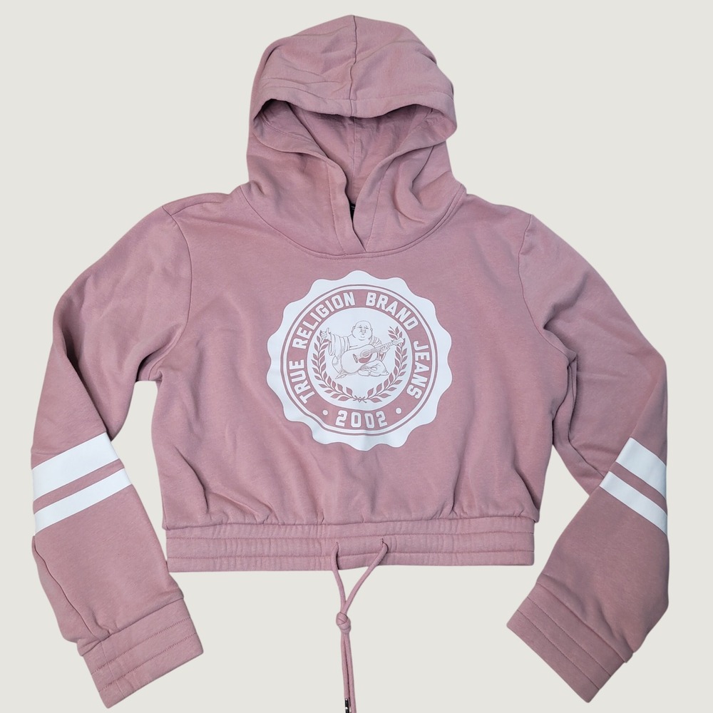 True Religion Cropped Hoodie Pink Buddha Logo Varsity Stripe Sweatshirt Large